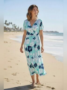Aphratti JT154 Boutique Aqua Floral Wrap Maxi Dress With Belt--Size XL